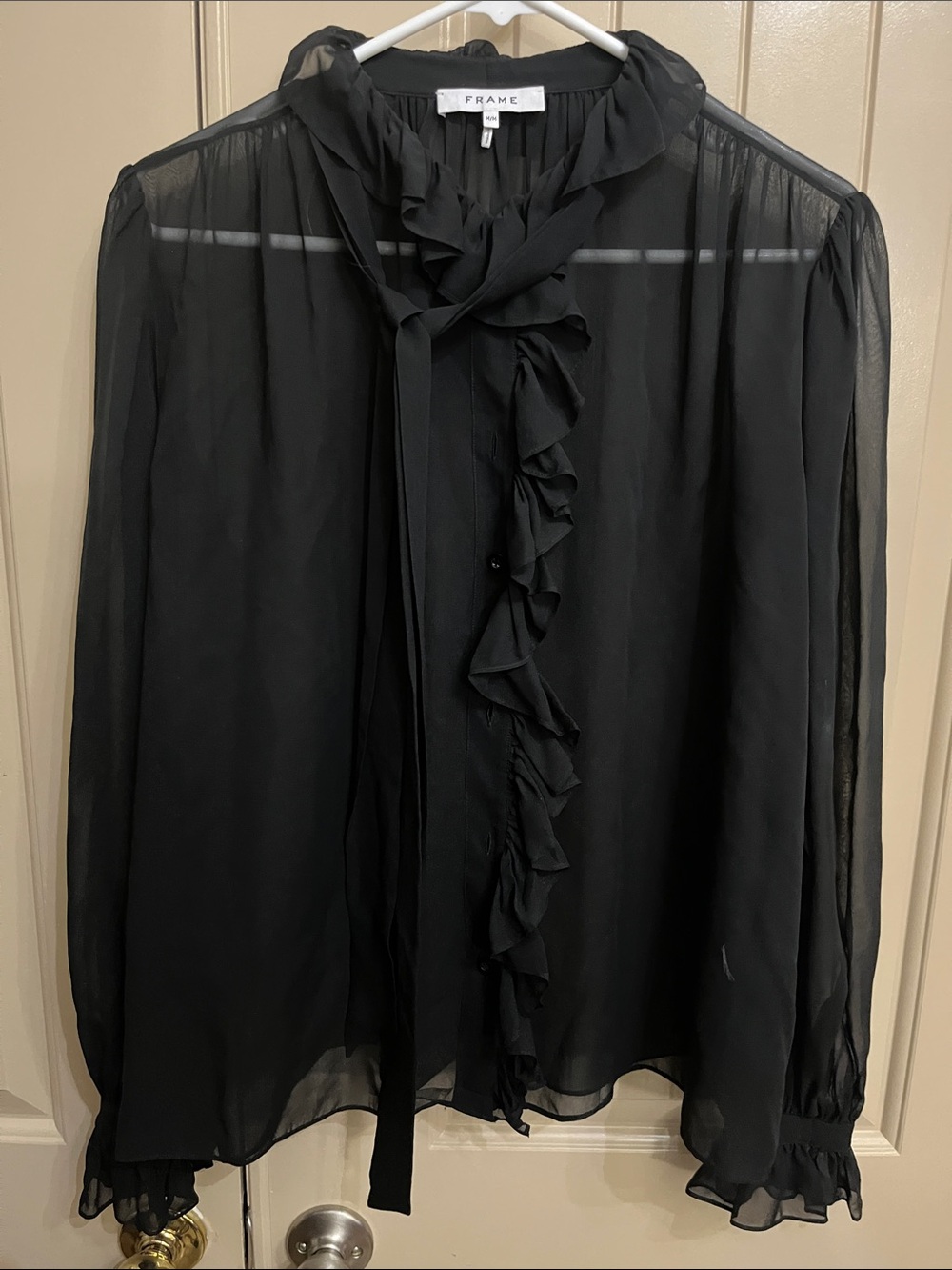 Frame Denim Black Sheer Ruffle Tie-Neck Blouse
